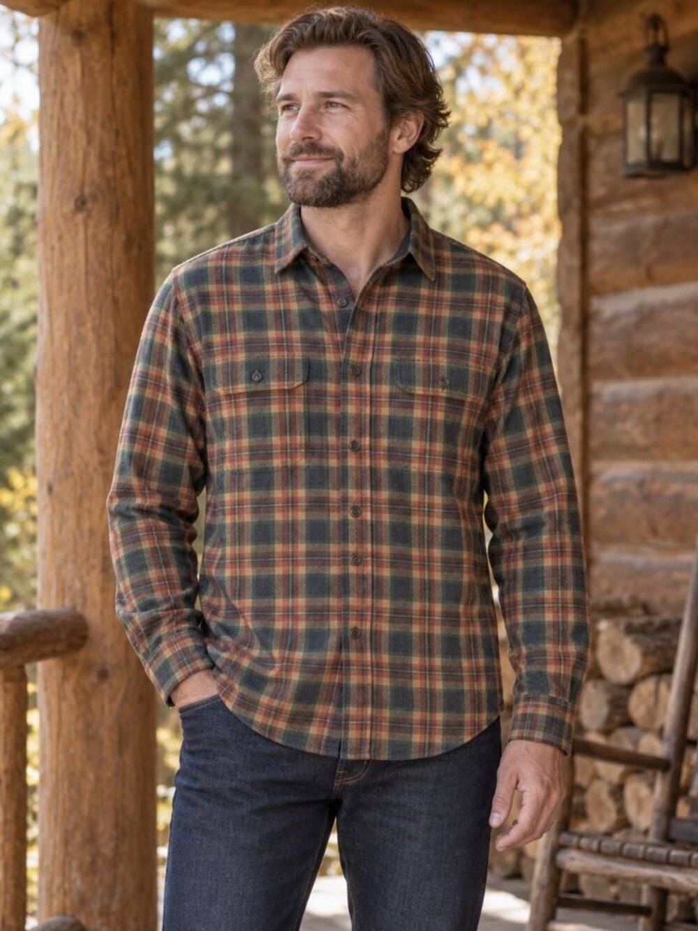 Duluth Trading Co. Free Swingin’ Flannel Shirt M Green Plaid Cabincore